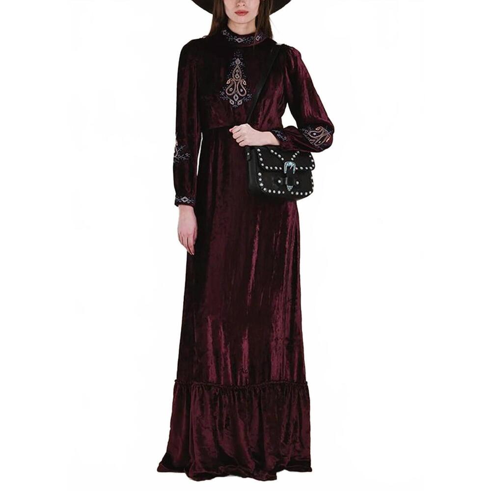 NEW FORTELA velour embroidered maxi dress in purple